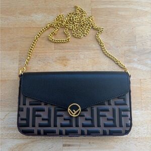 Fendi Black and Brown Clutch with Gold Chain